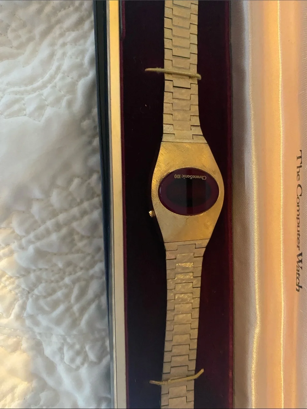 Gold Men's Chronosonic Digital Bracelet Watch never used original boxes/reciept